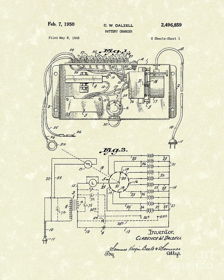 Battery Charger 1950 Patent Art Drawing by Prior Art Design
