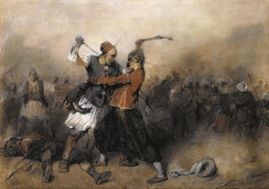 Battle Between a Greek and a Turk Drawing by Alexandre-Gabriel Decamps