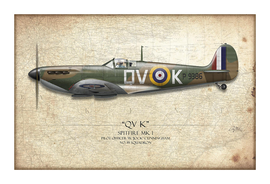Battle of Britain QVK Spitfire - Map Background Painting by Craig Tinder