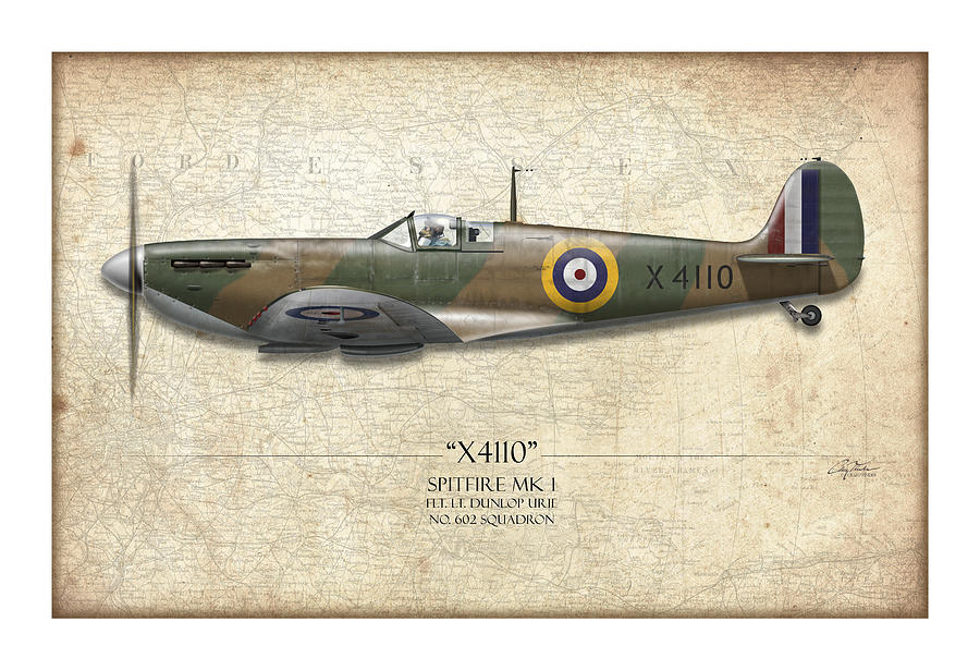 Airplane Painting - Battle of Britain Spitfire X4110 - Map Background by Craig Tinder