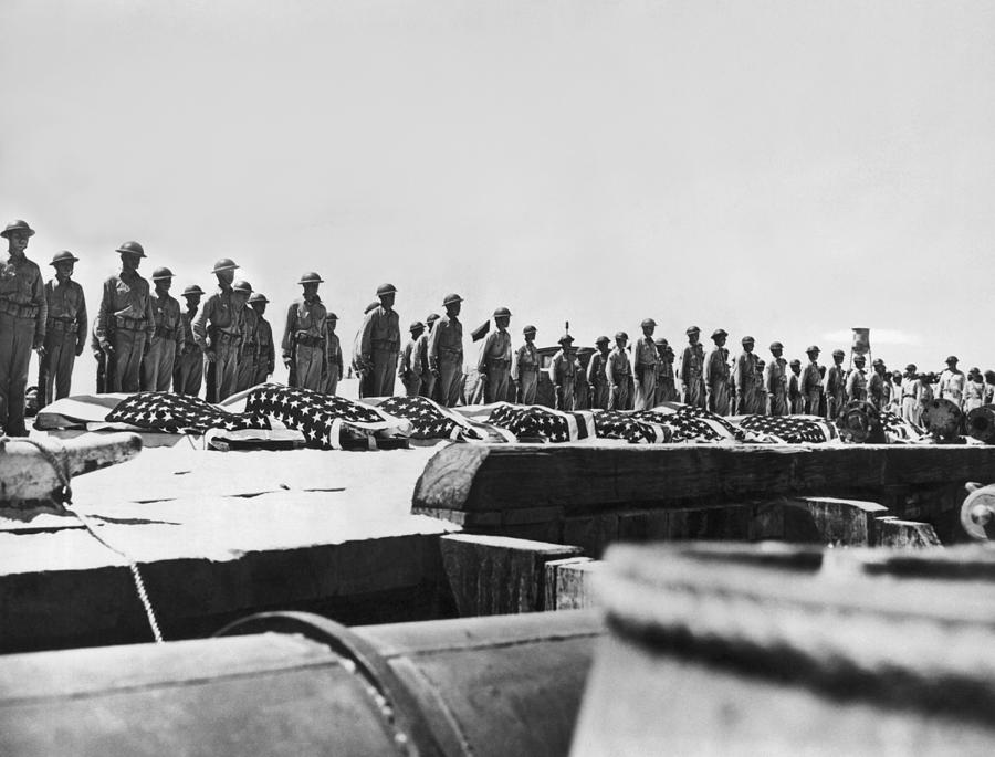 Flag Photograph - Battle Of Midway Coffins by Underwood Archives
