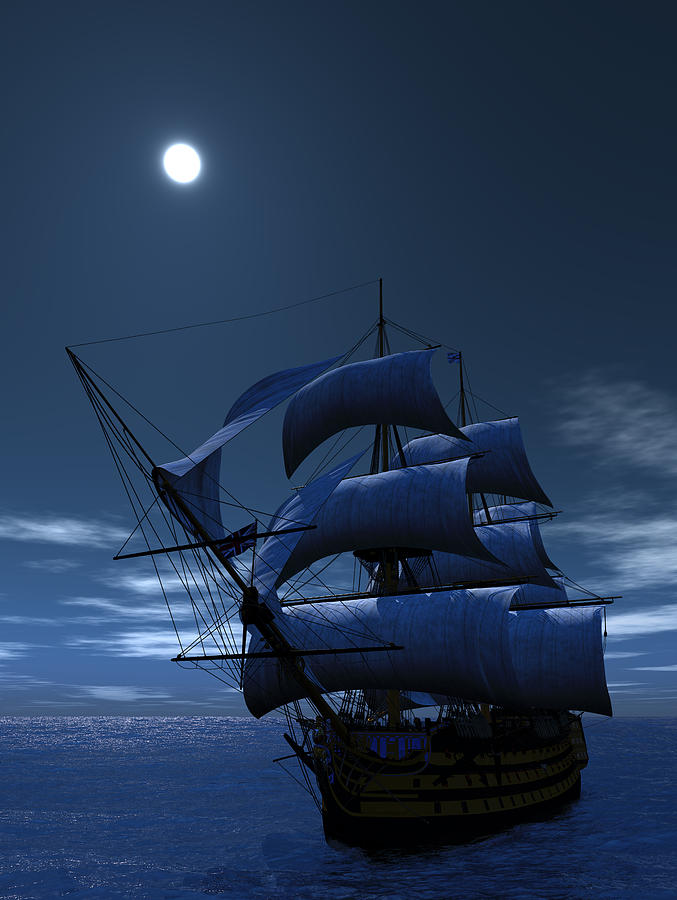 Battle Ship Under The Moon Digital Art By Zhong Wu