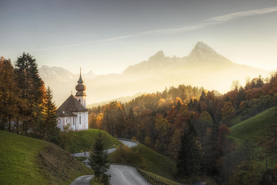 Bavarian Alps with Sunset Shining on Remote Church Photograph by DaveLongMedia