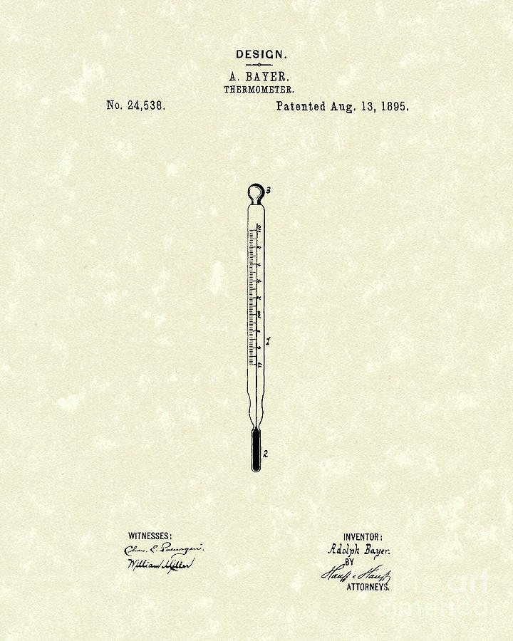 Bayer Thermometer 1895 Patent Art Drawing by Prior Art Design