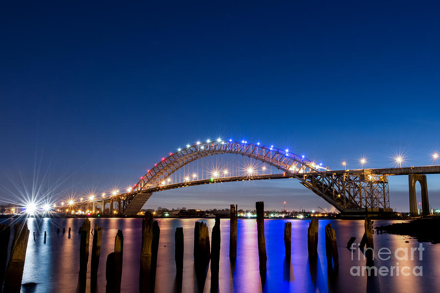 Bridge Photograph - Bayonne Bridge lit up at night by Michael Ver Sprill