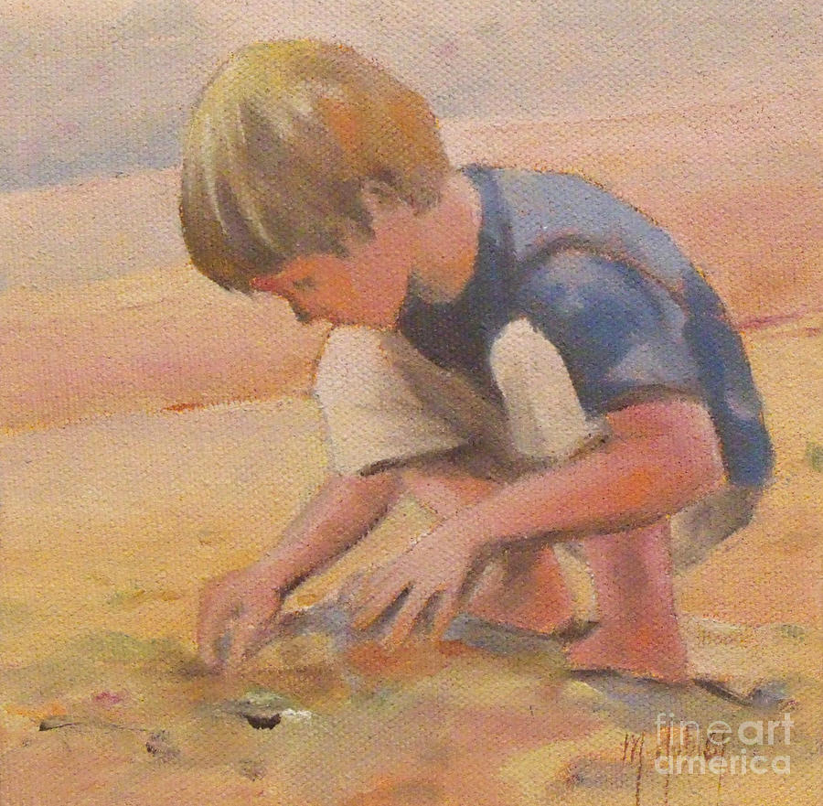 Beach Bum boy in the sand Painting by Mary Hubley