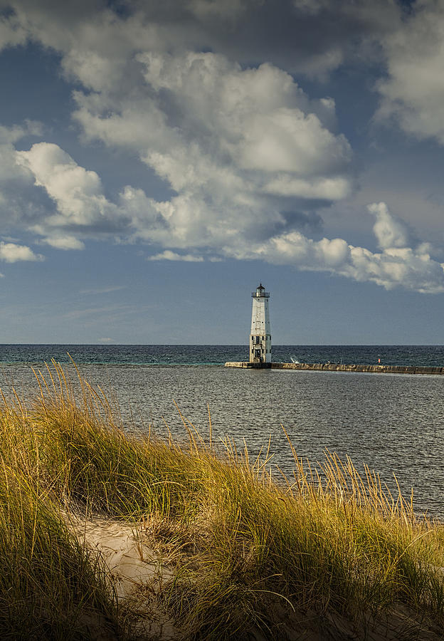Beach Grass Dune and the Frankfort Lighthouse on Lake Michigan Photograph by Randall Nyhof
