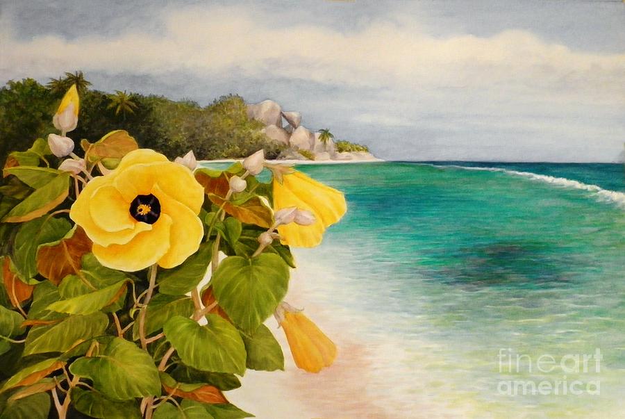 Floral Painting - Beach Hibiscus LaDigue by Janet Summers-Tembeli Floral Painting - Beach Hibiscus LaDigue by Janet Summers-Tembeli