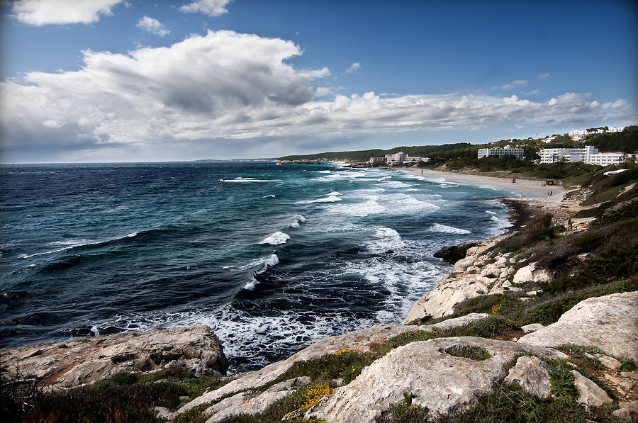 Beach in blue - Son Bou Beach in Autum in a windy and cloudy day Photograph by Pedro Cardona Llambias