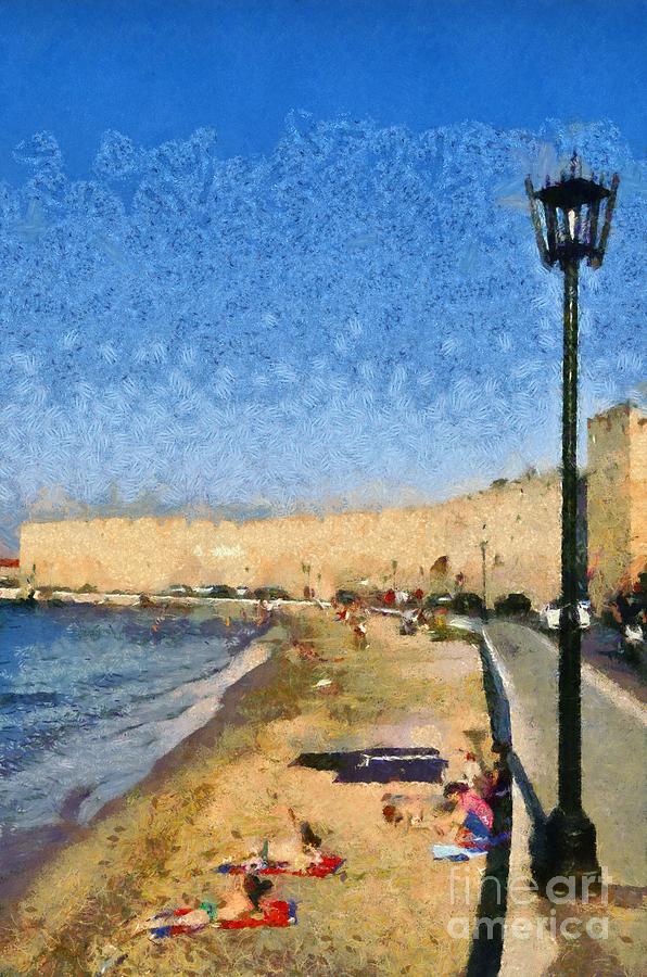 Beach in front of the old city of Rhodes Painting by George Atsametakis