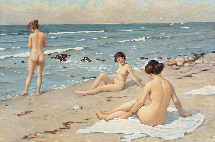 Beach Photograph - Beach Party with bathing women by Paul Gustav Fischer