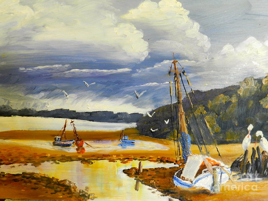 Beached Boat And Fishing Boat At Gippsland Lake Painting