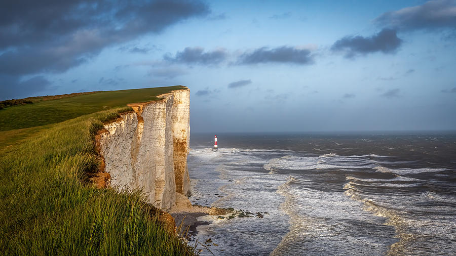 Beachy Head chalk cliff by sea, Eastbourne, England, UK Photograph by Paul Townson