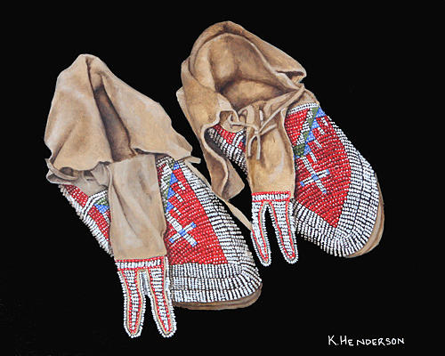 American Indian Painting - Beaded Moccasins by K Henderson by K Henderson