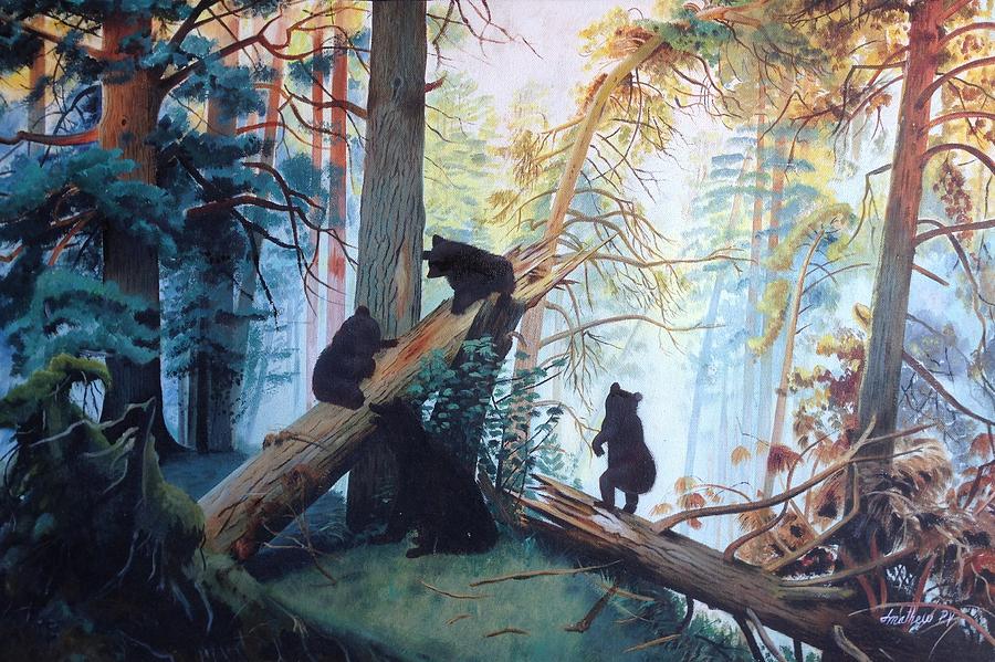 Bears in the forest Painting by George Jacob