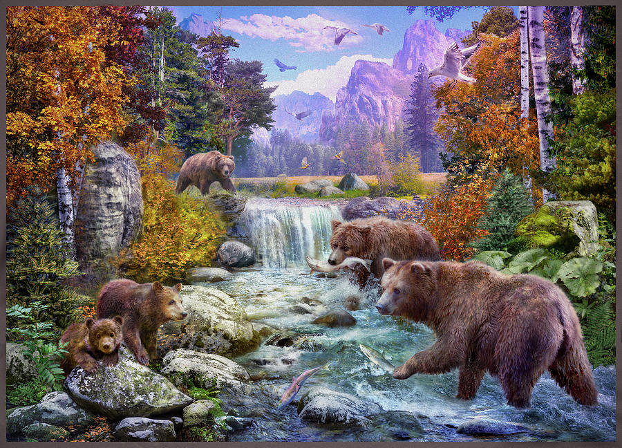 Bears On Wild River Drawing by Jan Patrik Krasny