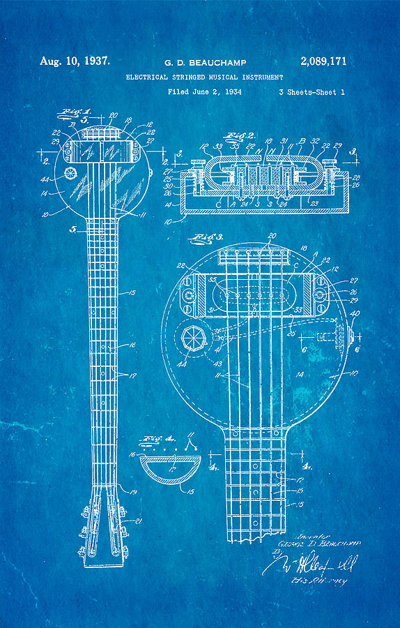 Music Photograph - Beauchamp First Electric Guitar Patent Art 1937 Blueprint by Ian Monk