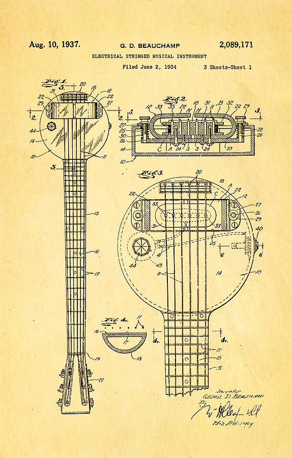 Music Photograph - Beauchamp First Electric Guitar Patent Art 1937 by Ian Monk