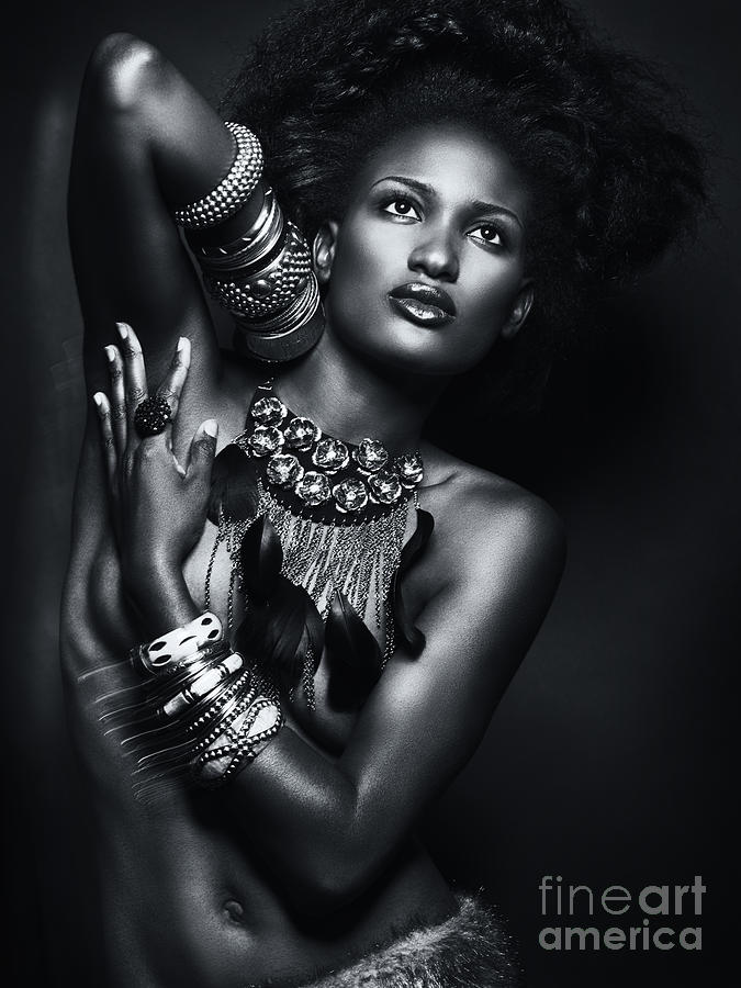Black And White Photograph - Beautiful African American Woman Wearing Jewelry by Maxim Images Exquisite Prints