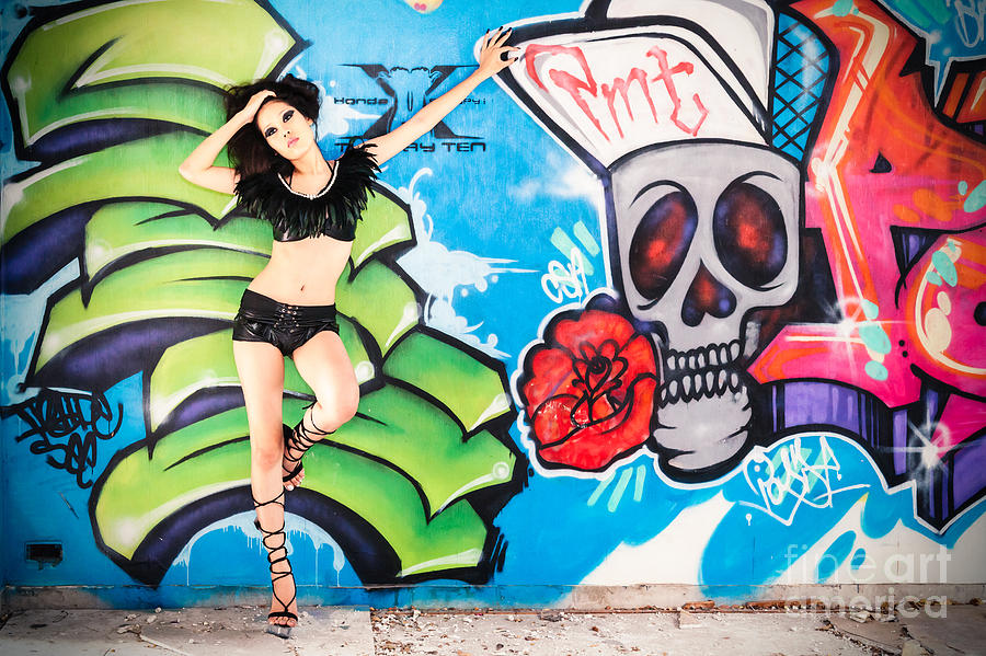 Beautiful Asian Girl Against Graffiti Wall Photograph By Fototrav Print