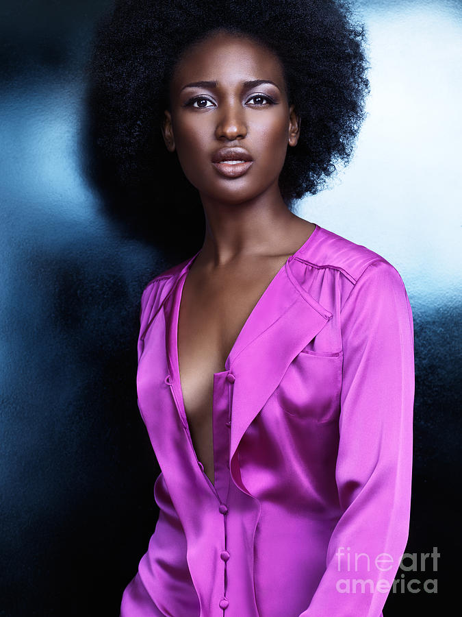 Beautiful black woman in shiny purple shirt fashion photo Photograph by Maxim Images Exquisite Prints
