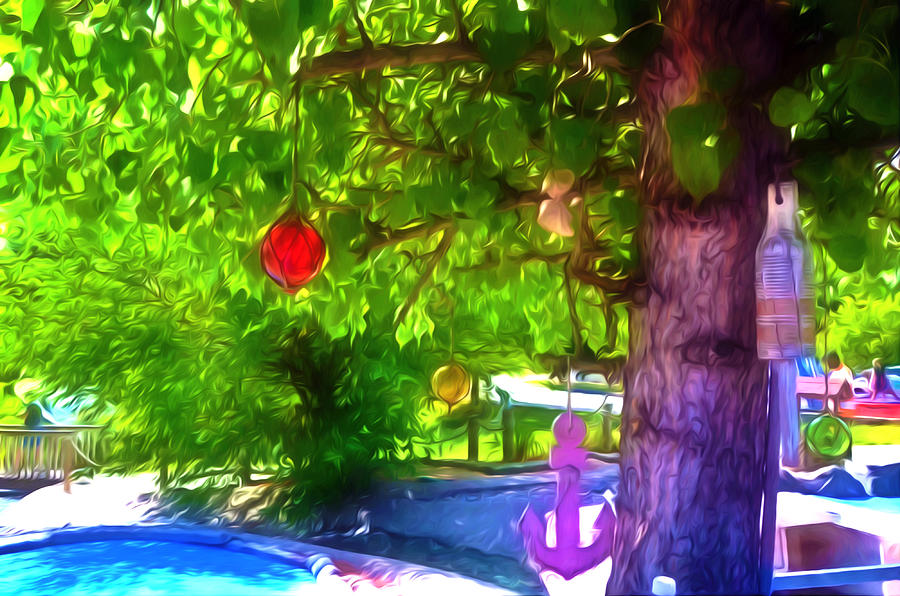 Beautiful Colored Glass ball hanging on tree 1 Painting by Jeelan Clark