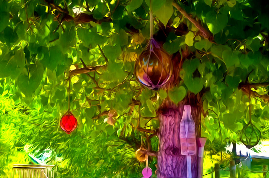 Beautiful Colored Glass ball hanging on tree 2 Painting by Jeelan Clark