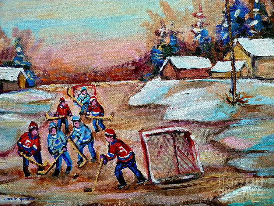 Beautiful Day-pond Hockey-hockey Game-canadian Landscape-winter Scenes-carole Spandau Painting by Carole Spandau