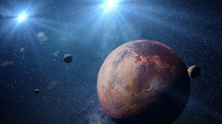 beautiful exoplanet with exo-moons orbiting an alien binary star system (3d space illustration, elements of this image are furnished by NASA) Photograph by Dottedhippo