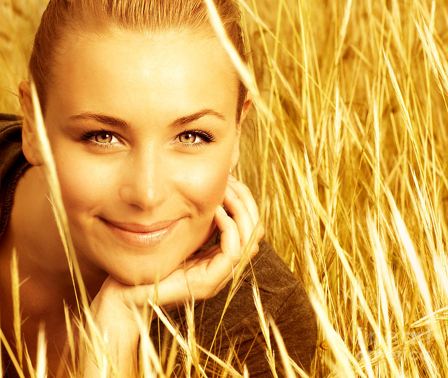 Beautiful female on wheat field Photograph by Anna Om