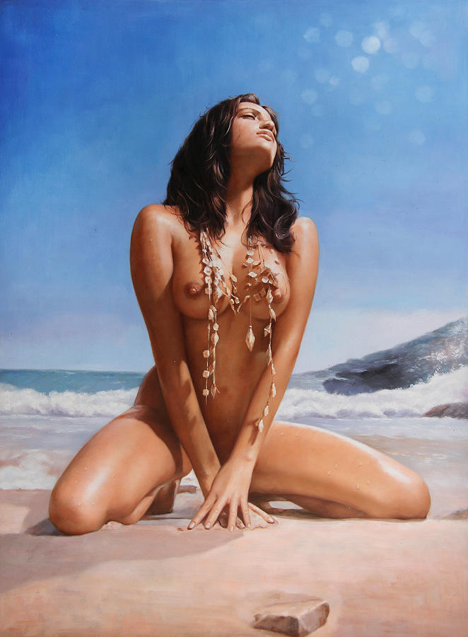 Beach Painting - Beautiful girl enjoys the sun on the beach naked by Unknown