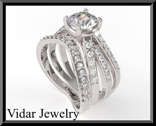 Gemstone Jewelry - Beautiful Moissanite And Diamond 14k White Gold Wedding Ring Set by Roi Avidar