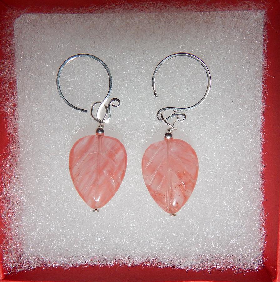 Earring Jewelry - Pink Cherry Quartz Leaf Earrings  by Laurel Huckby