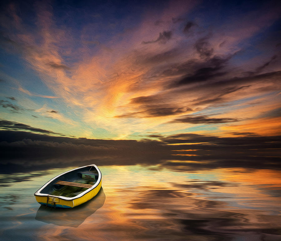 Beautiful vibrant blue and pink Winter sky with single boat digital ...