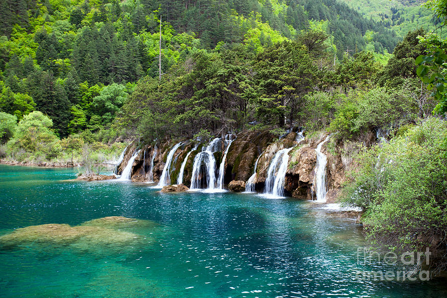 Nature Photograph - Beautiful waterfall at Jiuzhaigou China by Fototrav Print