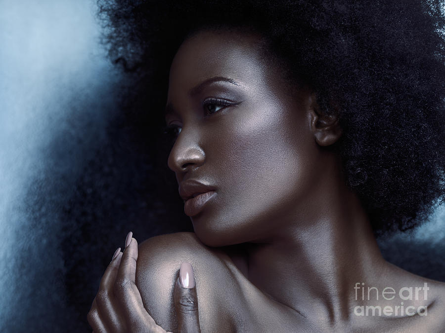 Beauty portrait of beautiful black woman face with silvery skin Photograph by Maxim Images Exquisite Prints