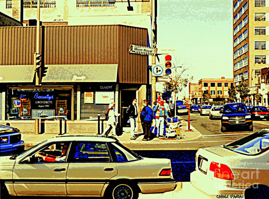 Beautys Luncheonette Deli Cafe On Mount Royal Corner St. Urbain Busy Montreal Traffic City Scene Painting by Carole Spandau