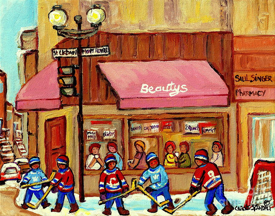Beautys Restaurant Paintings Of Plateau Montreal Winter Scenes Hockey Art Carole Spandau  Painting by Carole Spandau