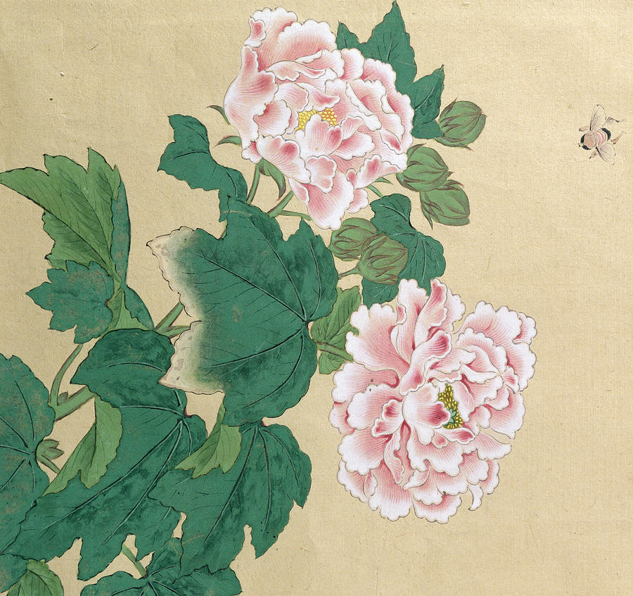 Flower Painting - Bee and Peony by Ichimiosai 