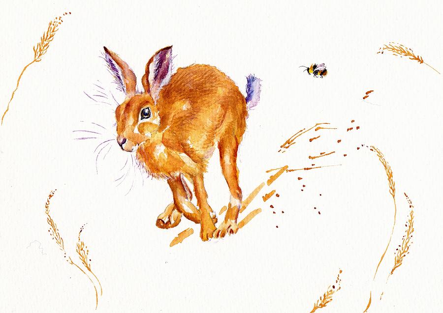 Bee Chased Again - running hare Painting by Debra Hall