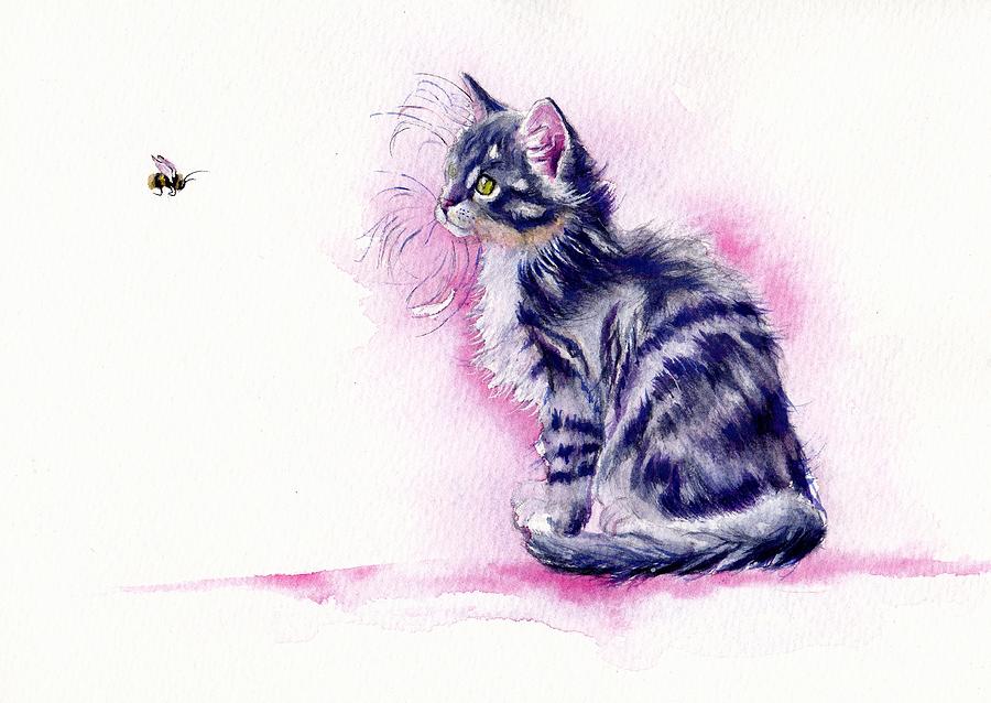 Cat Painting - Bee-guiled - Tabby Kitten by Debra Hall
