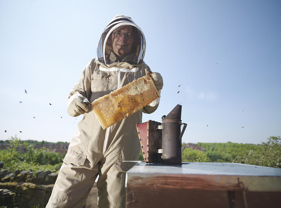 Beekeeper with honey comb and smoker Photograph by Monty Rakusen