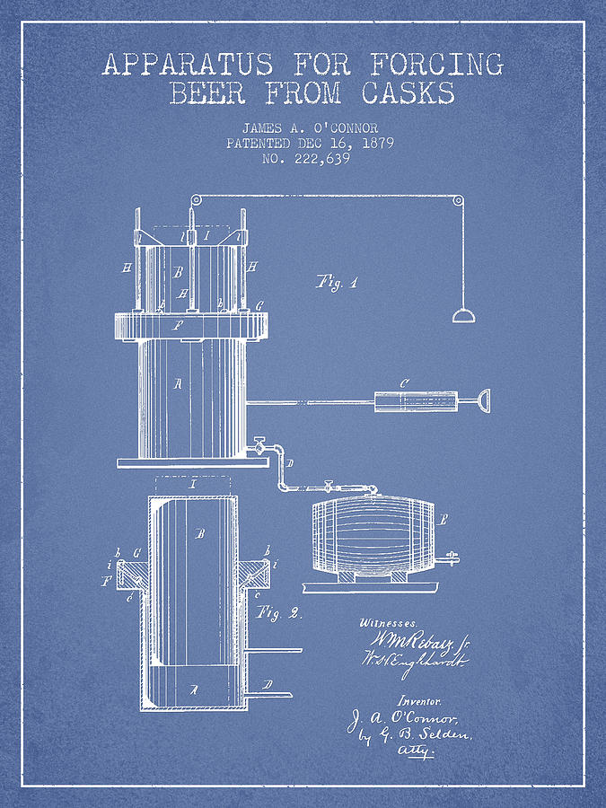 Beer Apparatus Patent Drawing From 1879 - Light Blue Digital Art
