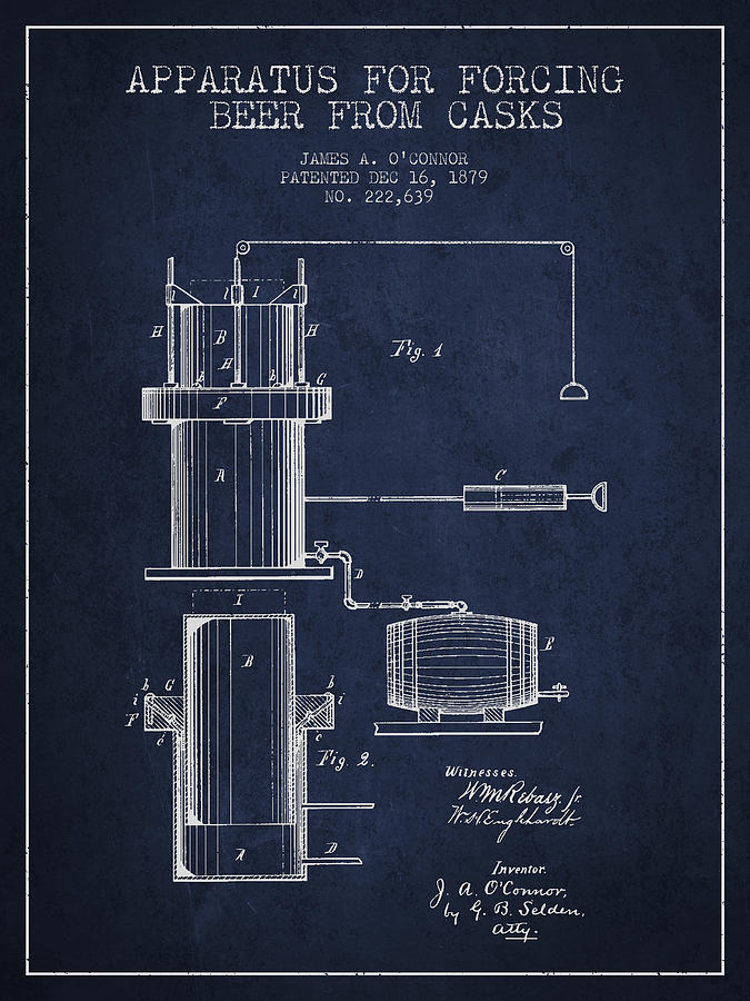Beer Apparatus Patent Drawing From 1879 - Navy Blue Digital Art