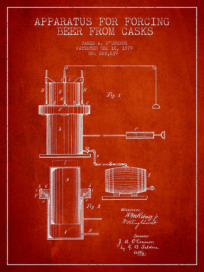 Beer Digital Art - Beer Apparatus Patent Drawing from 1879 - Red by Aged Pixel