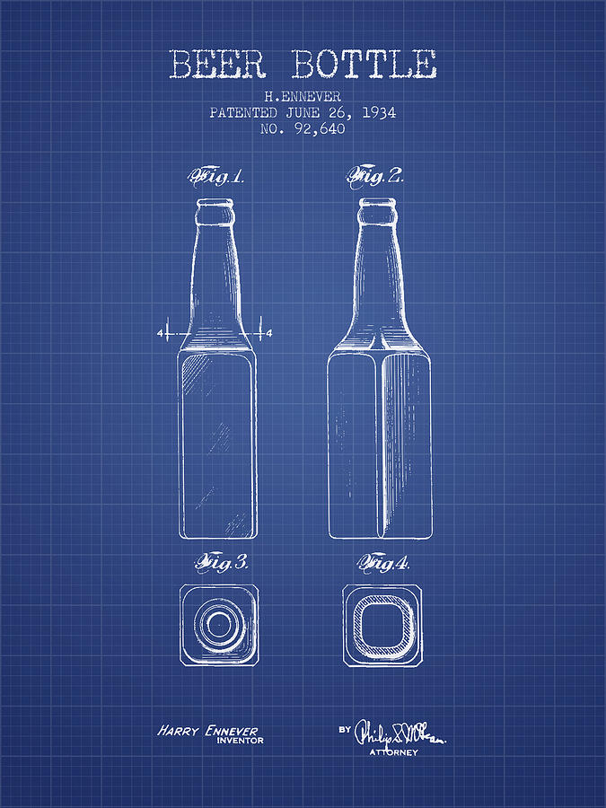 Beer Bottle Patent from 1934 - Blueprint Digital Art by Aged Pixel