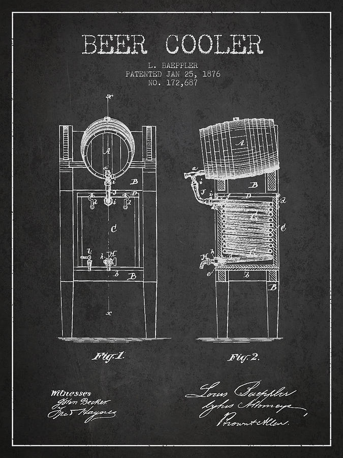 Beer Digital Art - Beer Cooler Patent Drawing from 1876 - Dark by Aged Pixel