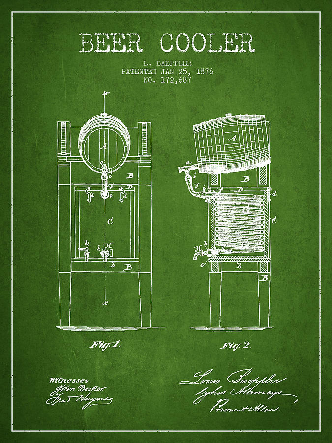 Beer Cooler Patent Drawing From 1876 - Green Digital Art