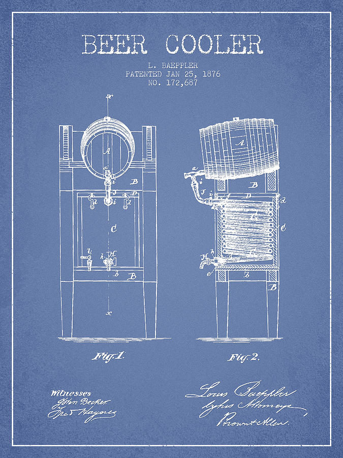 Beer Cooler Patent Drawing From 1876 - Light Blue Digital Art