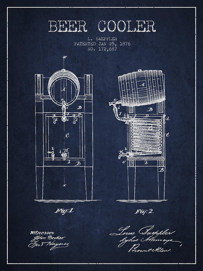 Beer Cooler Patent Drawing From 1876 - Navy Blue Digital Art